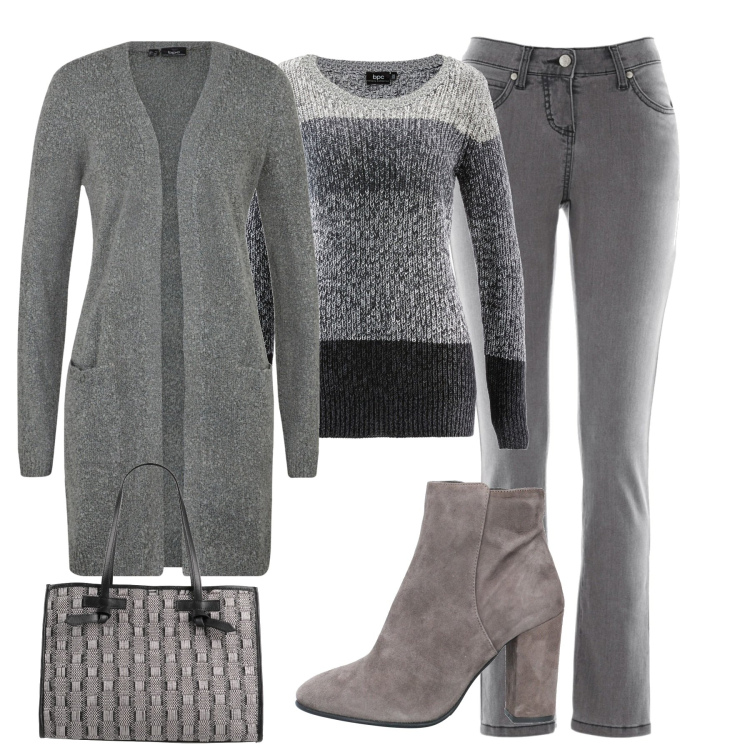 Outfit donna - Comoda in città. Stile Casual per Tutti i giorni. Abbinamento con jeans slim fit, maglieria, cardigans, stivaletti, borse a mano.