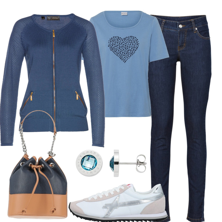 Outfit donna - In città. Stile Casual per Tutti i giorni. Abbinamento con jeans skinny, cardigans, maglieria, sneakers, borse a mano, orecchini.
