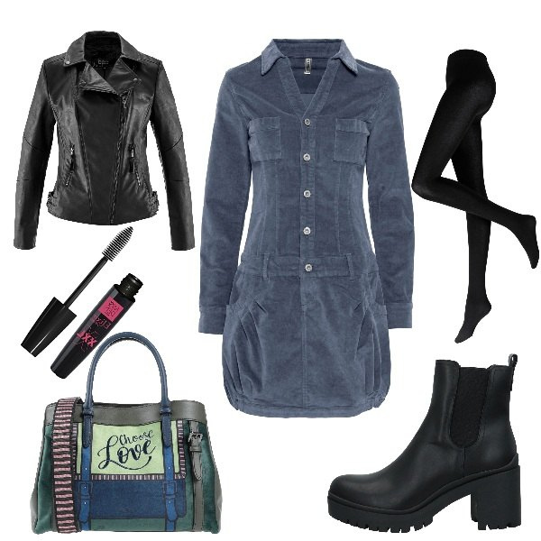 Outfit donna - Abito in velluto. Stile Urban per Tutti i giorni. Abbinamento con collant, blazer, vestiti, stivaletti, borse a mano, mascara.