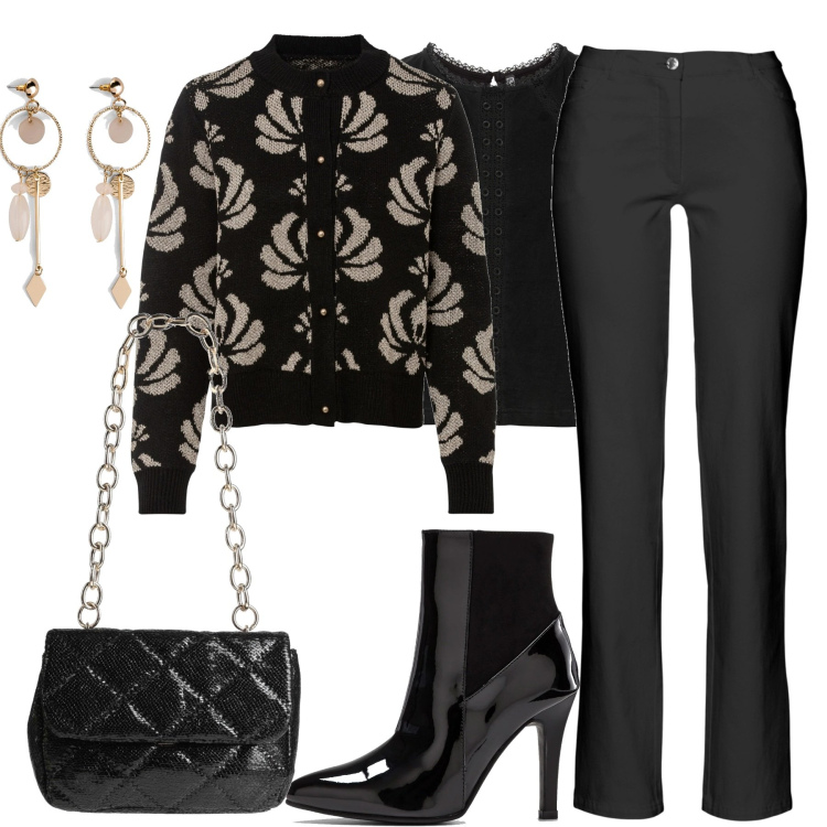 Outfit donna - In città. Stile Casual chic per Tutti i giorni. Abbinamento con pantaloni, orecchini, cardigans, top, stivaletti, borse a spalla.