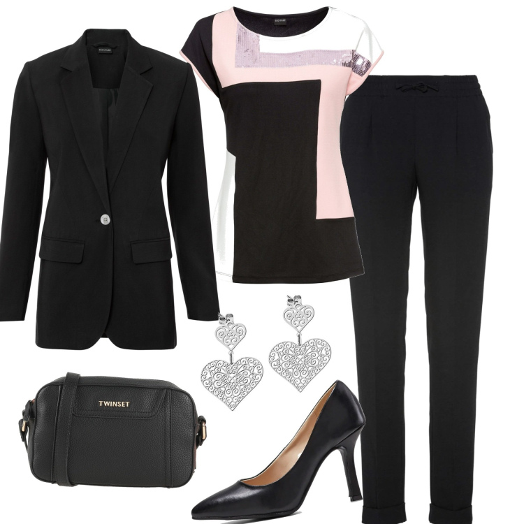 Outfit donna - Il blazer lungo. Stile Casual chic per Tutti i giorni. Abbinamento con pantaloni, maglieria, blazer, décolleté, borse a tracolla, orecchini.