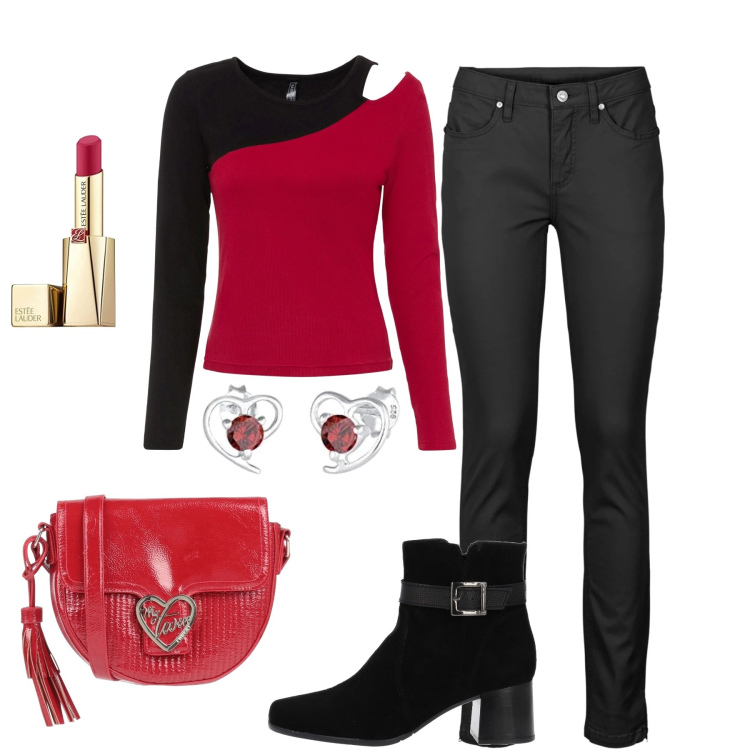 Outfit donna - Il rosso e il nero. Stile Casual chic per Tutti i giorni. Abbinamento con jeans, tuta con spalline sottili jersey nero, stivaletti, borse a tracolla, orecchini, rossetti.
