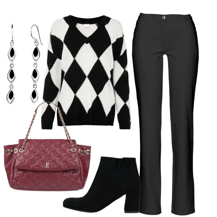 Outfit donna - Il pull a rombi. Stile Casual chic per Tutti i giorni. Abbinamento con pantaloni, maglieria, stivaletti, borse a mano, orecchini.