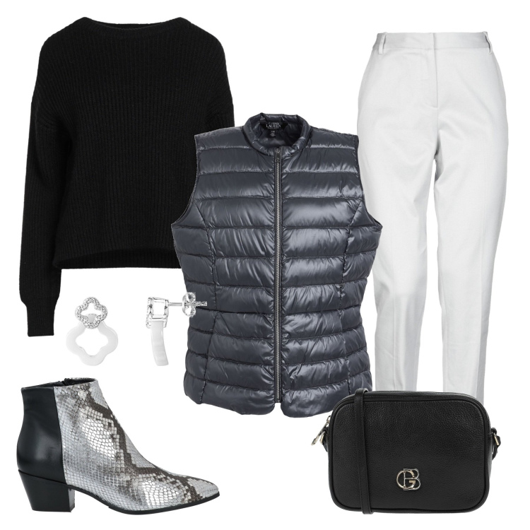 Outfit donna - Un tocco metallico. Stile Trendy per Tutti i giorni. Abbinamento con pullovers, pantaloni, stivaletti, borse a tracolla, piumini, orecchini.
