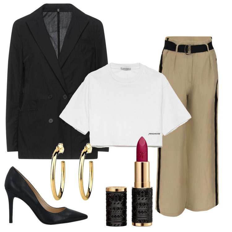 Outfit donna - Il trendy attuale. Stile Trendy per Tutti i giorni. Abbinamento con blazer, décolleté, t-shirt, pantaloni a palazzo, rossetti, orecchini.