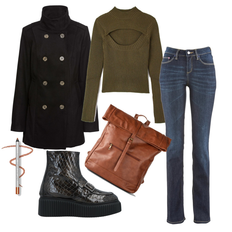 Outfit donna - Corro all\'università. Stile Basic per Scuola/Università. Abbinamento con jeans dritti, caban, zaini, stivaletti, maglieria, eyeliner.