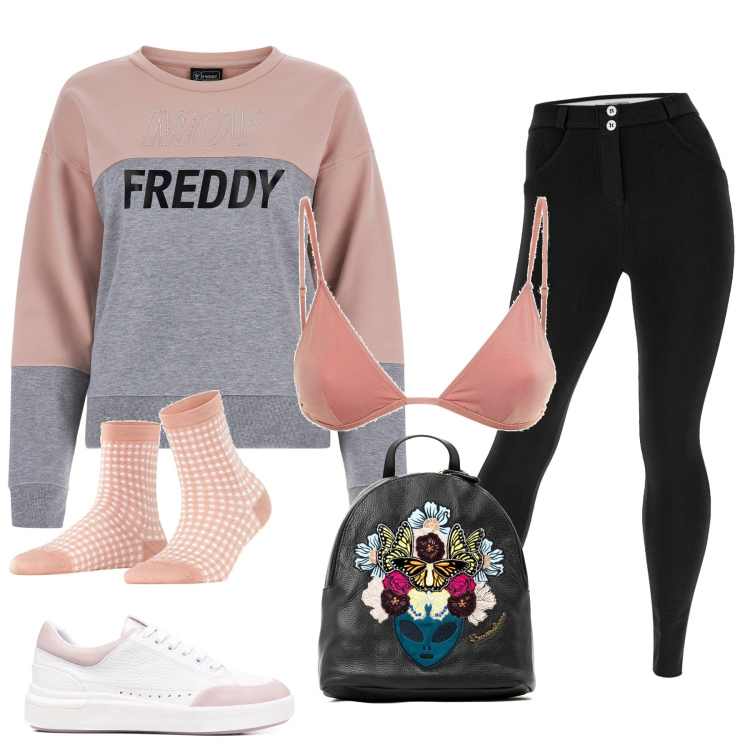 Outfit donna - Un giorno in rosa. Stile Urban per Tutti i giorni. Abbinamento con zaini, sneakers, pantaloni skinny, felpe, calzini, bralette.