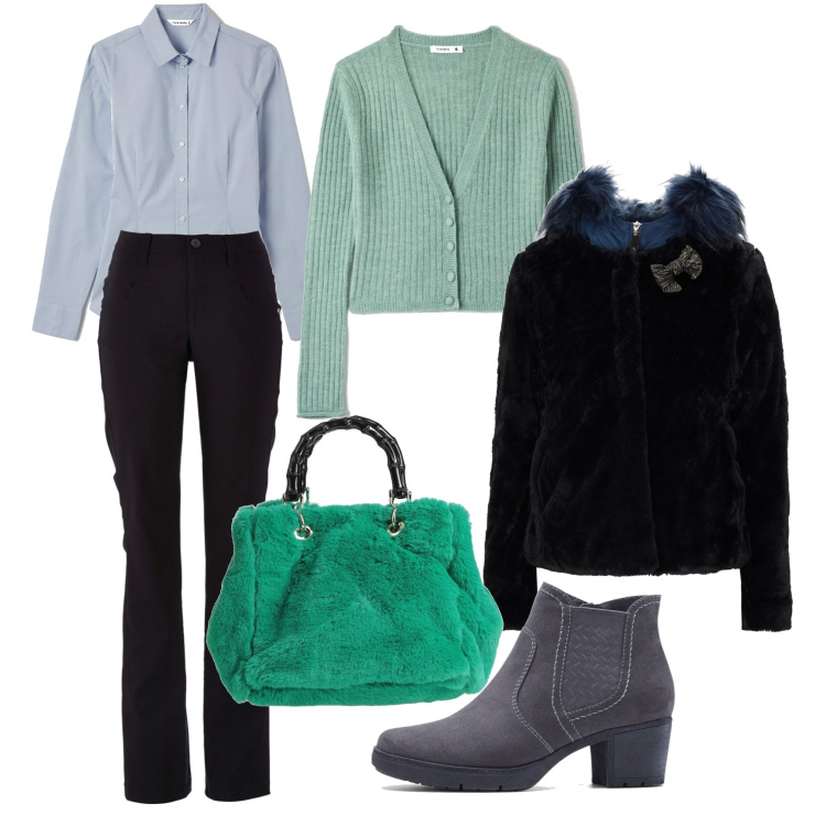 Outfit donna - Verde menta che illumina il blu. Stile Casual per Tutti i giorni. Abbinamento con pantaloni, stivaletti, cappotti, borse a mano, cardigans, camicie.