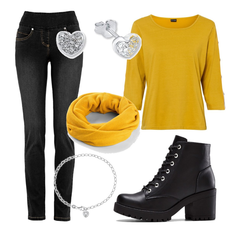 Outfit donna - Total look #1447949. Stile Casual chic per Tutti i giorni. Abbinamento con stivaletti, jeans, maglieria, foulard, orecchini, braccialetti con ciondoli.