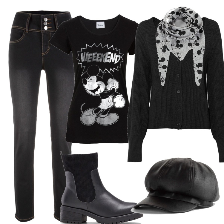 Outfit donna - Autunno con topolino. Stile Glamour per Tutti i giorni. Abbinamento con t-shirt, cardigans, jeans slim fit, stivaletti, foulard, cappelli con visiera.