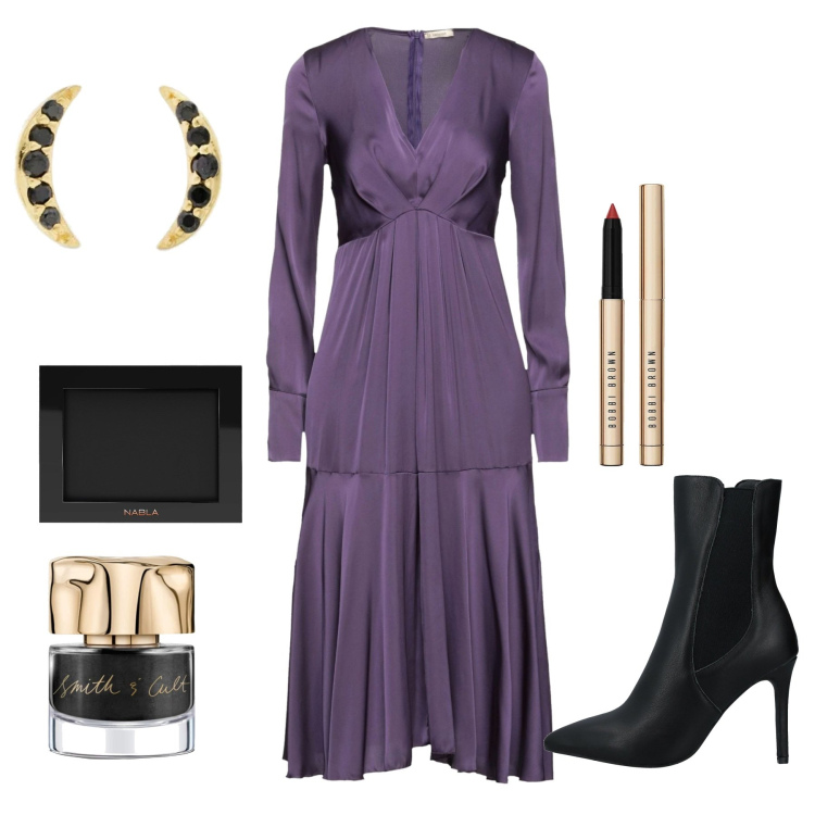Outfit donna - Halloween style. Stile Minimal per Tutti i giorni. Abbinamento con vestiti midi/longuette, stivaletti, orecchini, smalti, ombretti, rossetti.