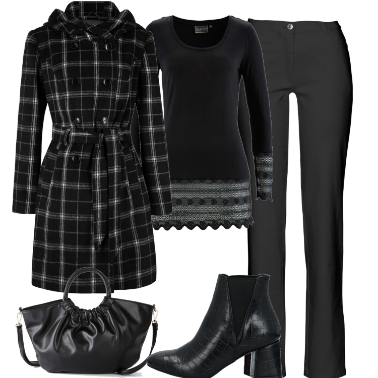 Outfit donna - In città. Stile Casual chic per Tutti i giorni. Abbinamento con pantaloni, maglieria, cappotti, borse a mano, stivaletti.