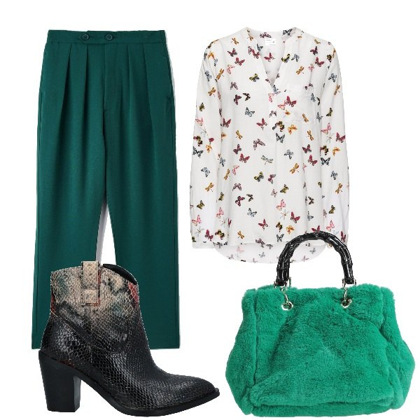Outfit donna - La borsa morbidissima. Stile Chic per Ufficio. Abbinamento con bluse, borse a mano, stivaletti, pantaloni chino.