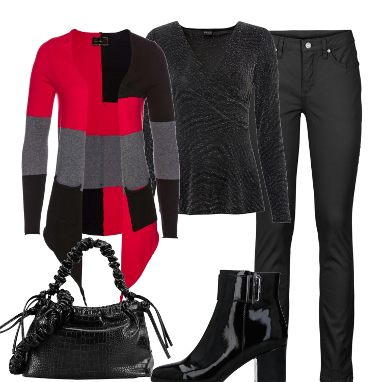 Outfit donna - Il cardigan fantasia. Stile Casual chic per Tutti i giorni. Abbinamento con jeans, cardigans, maglieria, stivaletti, borse a mano.
