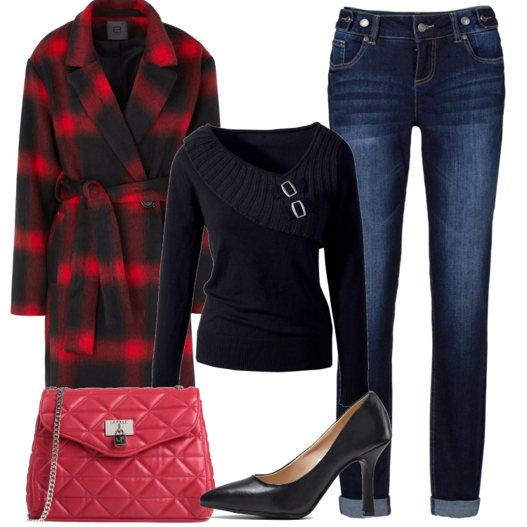 Outfit donna - Il cappotto a quadri. Stile Trendy per Tutti i giorni. Abbinamento con jeans boyfriend, maglieria, décolleté, cappotti, borse a tracolla.