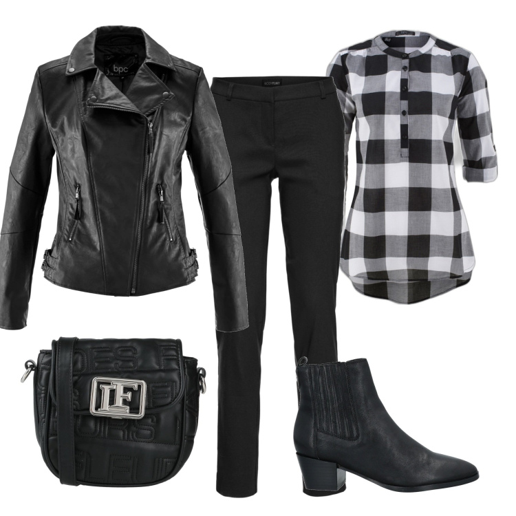 Outfit donna - Chiodo e camicia a quadri. Stile Casual per Tutti i giorni. Abbinamento con pantaloni, blazer, bluse, stivaletti, borse a tracolla.