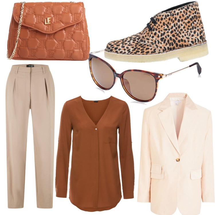 Outfit donna - Un tocco di stampato fa chic. Stile Casual chic per Tutti i giorni. look ideale per Tall. Abbinamento con camicie, pantaloni, stivaletti, blazer, borse a tracolla, occhiali da sole.