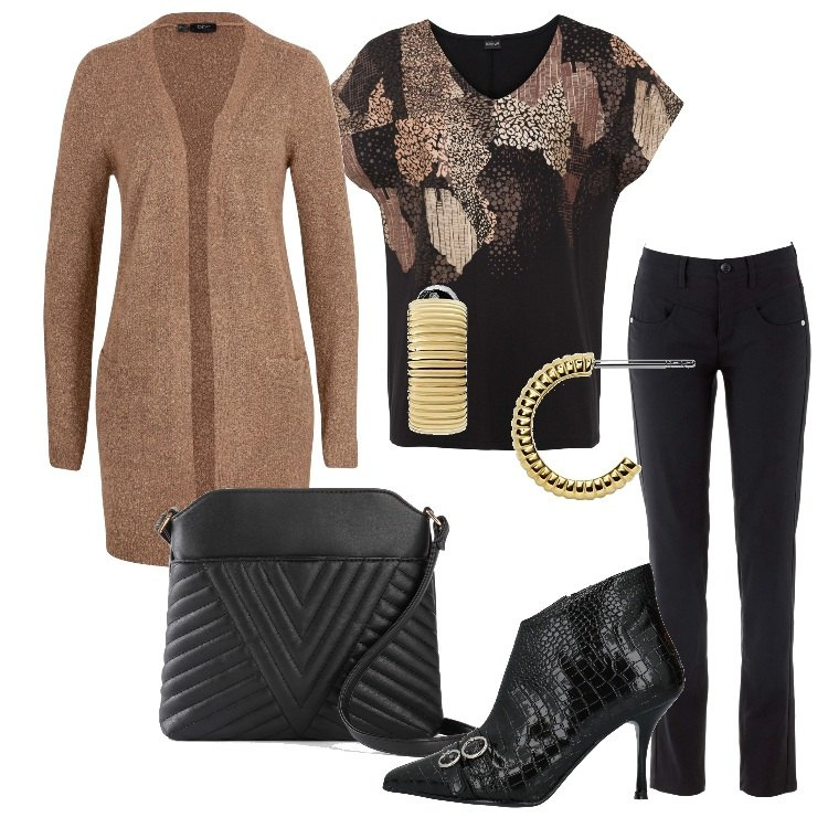 Outfit donna - La pizza con le amiche. Stile Casual chic per Serata fuori. Abbinamento con maglieria, pantaloni, cardigans, borse a tracolla, stivaletti, orecchini.