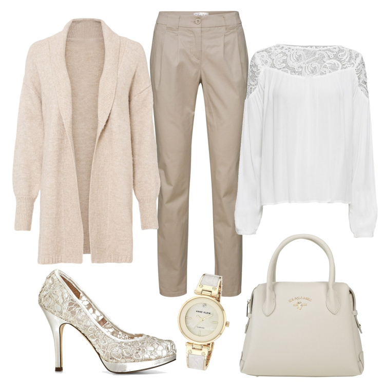 Outfit donna - Semplice e sobria per la cerimonia. Stile Chic per Cerimonia. Abbinamento con pantaloni chino, cardigans, tuniche, décolleté, borse a mano, orologi analogici.