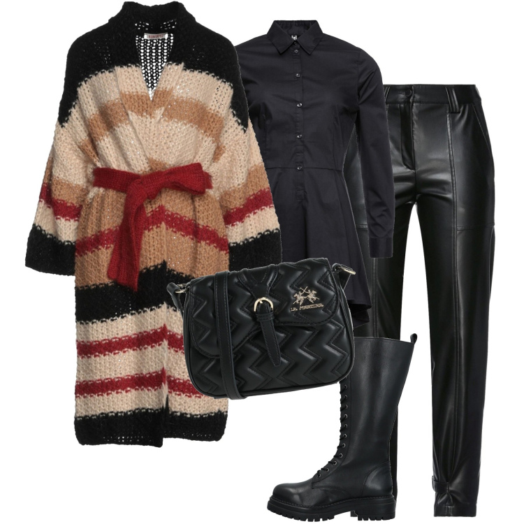 Outfit donna - Curvy. Stile Casual chic per Tutti i giorni. Abbinamento con camicie, cardigans, pantaloni, borse a tracolla, stivali.