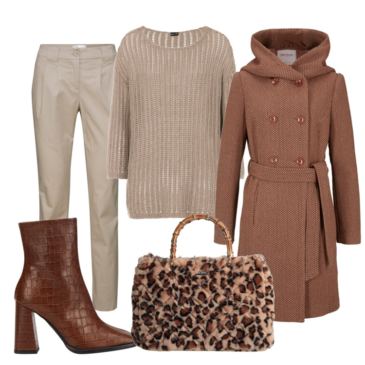 Outfit donna - Autunno. Stile Basic per Ufficio. Abbinamento con pantaloni chino, cappotti, maglieria, stivaletti, borse a mano.