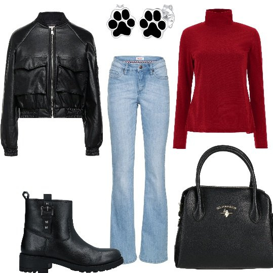 Outfit donna - Jeans e collo alto rosso. Stile Casual per Tutti i giorni. Abbinamento con jeans bootcut, stivaletti, borse a mano, giacche, maglieria, orecchini.