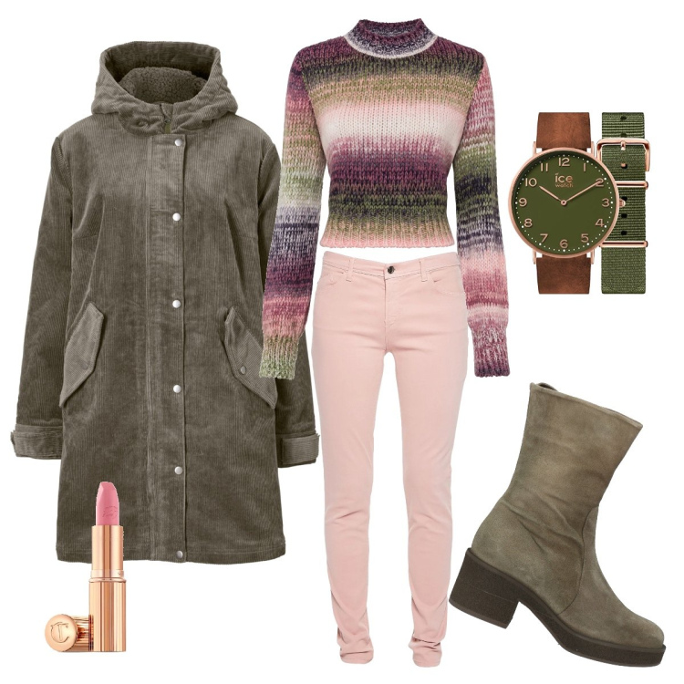 Outfit donna - Inverno romantico. Stile Casual per Tutti i giorni. Abbinamento con parka, maglieria, stivaletti, pantaloni, rossetti, orologi.