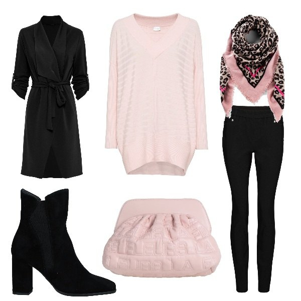 Outfit donna - Maxi maglia rosa. Stile Casual per Tutti i giorni. Abbinamento con foulard, maglieria, giacche, pantaloni skinny, stivaletti, borse a mano.
