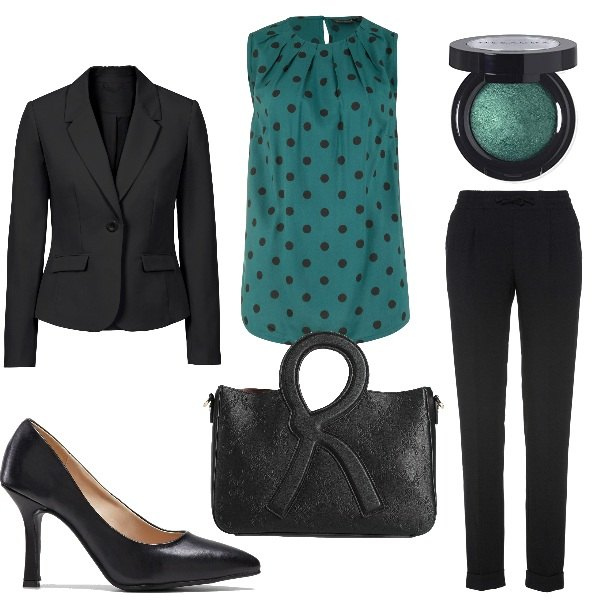 Outfit donna - Il top a pois. Stile Casual chic per Ufficio. Abbinamento con pantaloni, blazer, top, décolleté, borse a mano, ombretti.