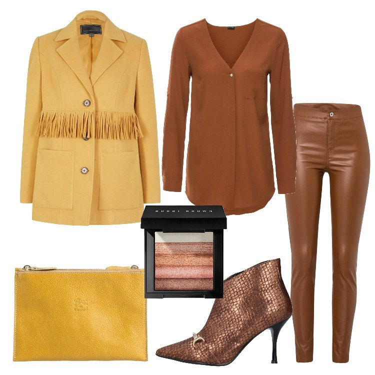Outfit donna - Lo stile originale per una serata fuori. Stile Casual chic per Serata fuori. Abbinamento con camicie, pantaloni, blazer, stivaletti, borse a mano, blush.