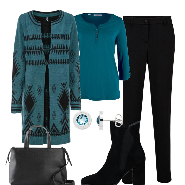Outfit donna - Il cardigan fantasia. Stile Casual per Tutti i giorni. Abbinamento con cardigans, cardigans, pantaloni, borse a mano, stivaletti, orecchini.
