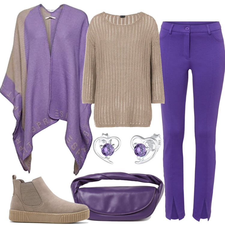 Outfit donna - La comodità è servita - curvy style. Stile Trendy per Tutti i giorni. Abbinamento con pantaloni, stivaletti, maglieria, pochette, sciarpe, orecchini.