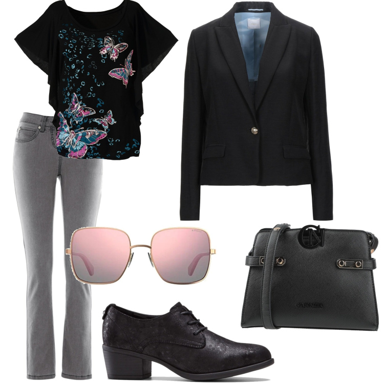 Outfit donna - Passeggiata in famiglia. Stile Urban per Tutti i giorni. Abbinamento con jeans slim fit, bluse, francesine, blazer, borse a tracolla, occhiali da sole.