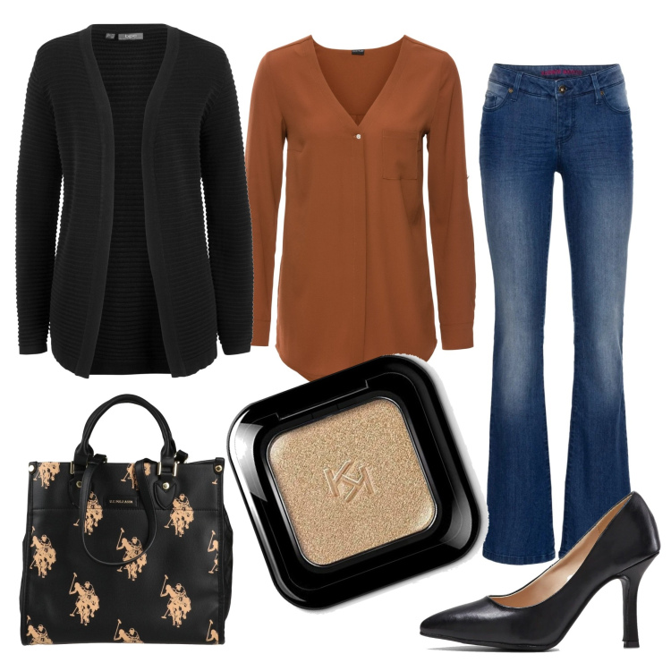 Outfit donna - Eye Shadow. Stile Casual chic per Ufficio. Abbinamento con camicie, jeans bootcut, décolleté, cardigans, borse a mano, ombretti.