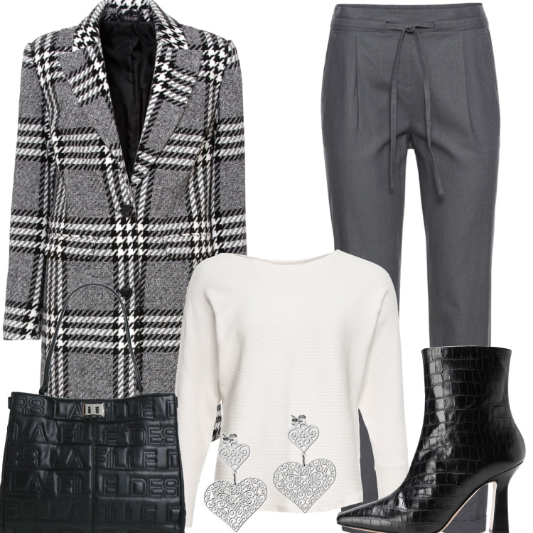 Outfit donna - In ufficio. Stile Casual chic per Ufficio. Abbinamento con stivaletti, borse a mano, pantaloni, cappotti, maglieria, orecchini.