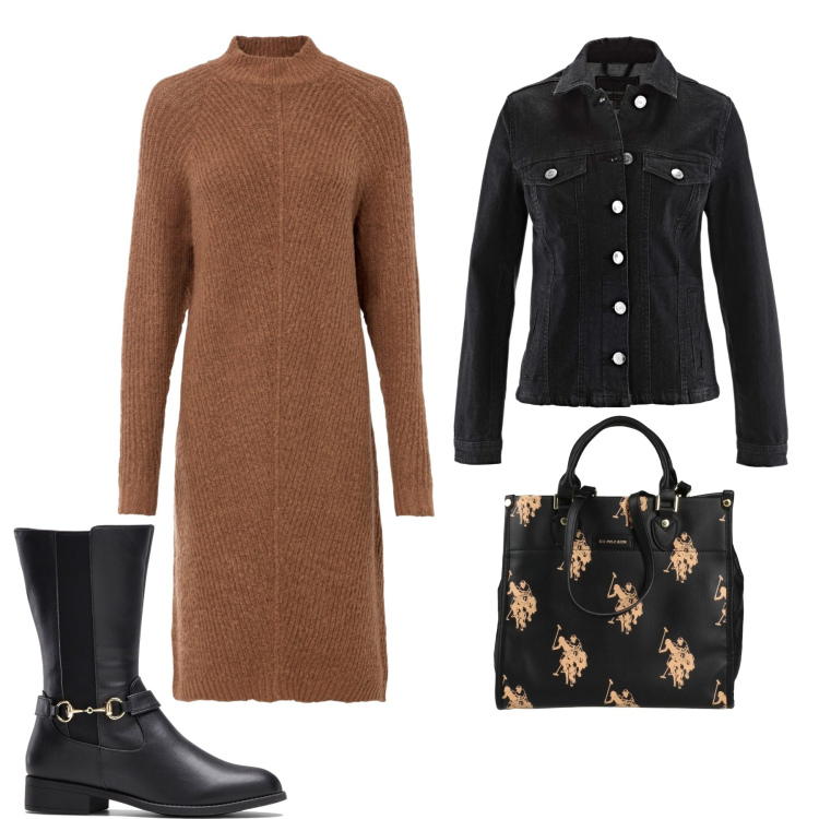Outfit donna - Total look #1449047. Stile Casual per Tutti i giorni. Abbinamento con stivali, vestiti asimmetrici, blazer, borse a mano.