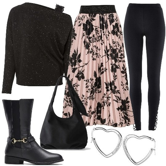 Outfit donna - La gonna al lavoro. Stile Glamour per Ufficio. Abbinamento con stivali, gonne, maglieria, leggings, borse a tracolla, orecchini.