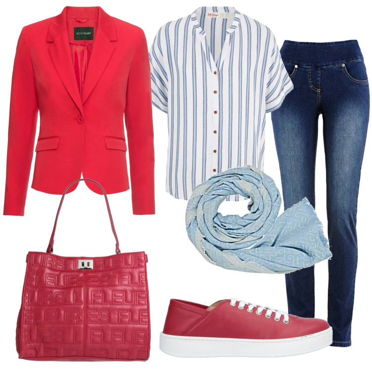 Outfit donna - Passeggiata. Stile Urban per Tutti i giorni. Abbinamento con jeans, camicie, blazer, borse a mano, sneakers, sciarpe.