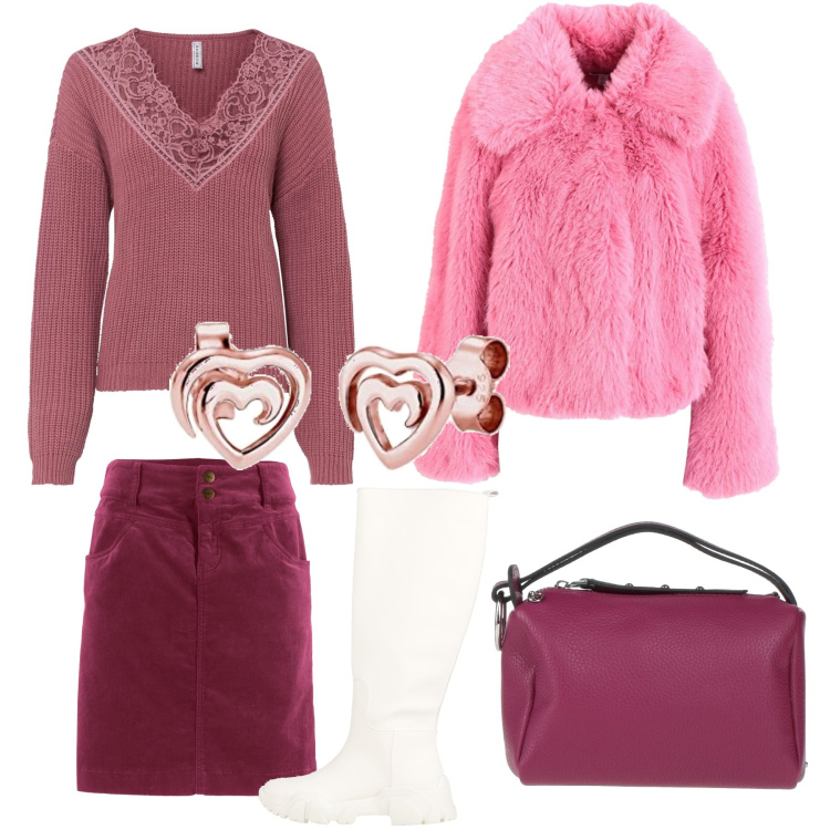 Outfit donna - Rosa e borgogna un po\' eccentrico. Stile Trendy per Serata fuori. Abbinamento con gonne lunghe, maglieria, cappotti, stivali, borse a mano, orecchini.