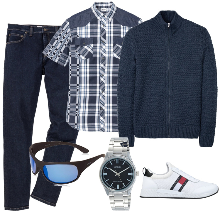 Outfit uomo - Casual chic Man. Stile Casual per Tutti i giorni. Abbinamento con camicie a manica corta, cardigans, jeans slim fit, sneakers, occhiali da sole, orologi.