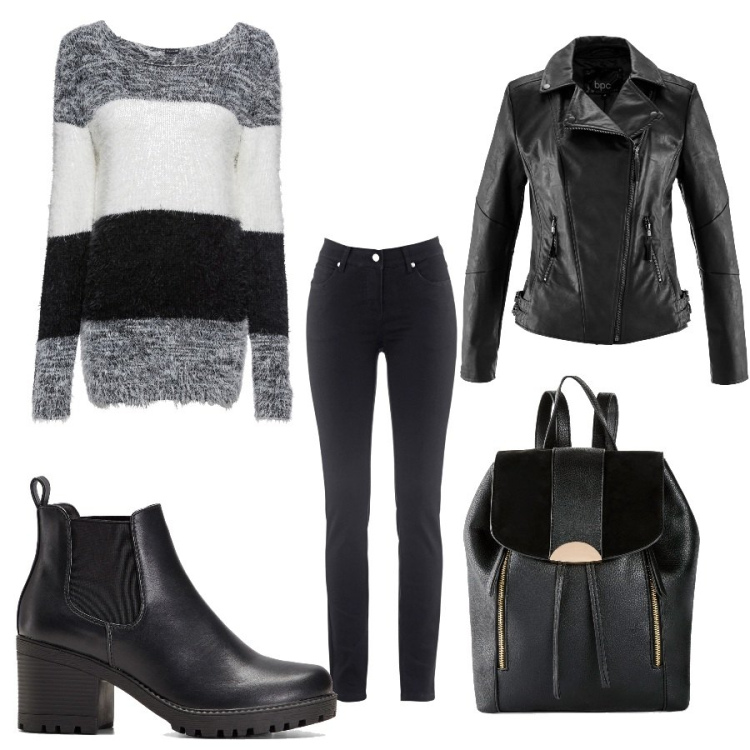 Outfit donna - A lavoro in moto. Stile Casual per Ufficio. Abbinamento con jeans dritti, blazer, stivaletti chelsea, maglieria, zaini.