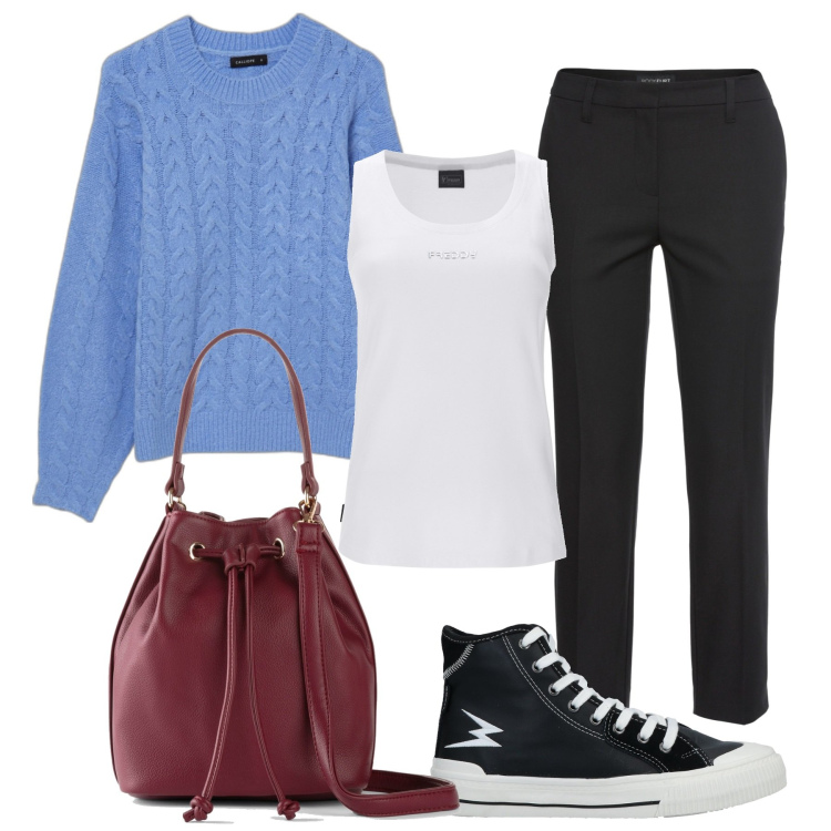 Outfit donna - A spasso in città. Stile Casual per Tutti i giorni. Abbinamento con pantaloni, borse a mano, sneakers, maglieria, canottiere.