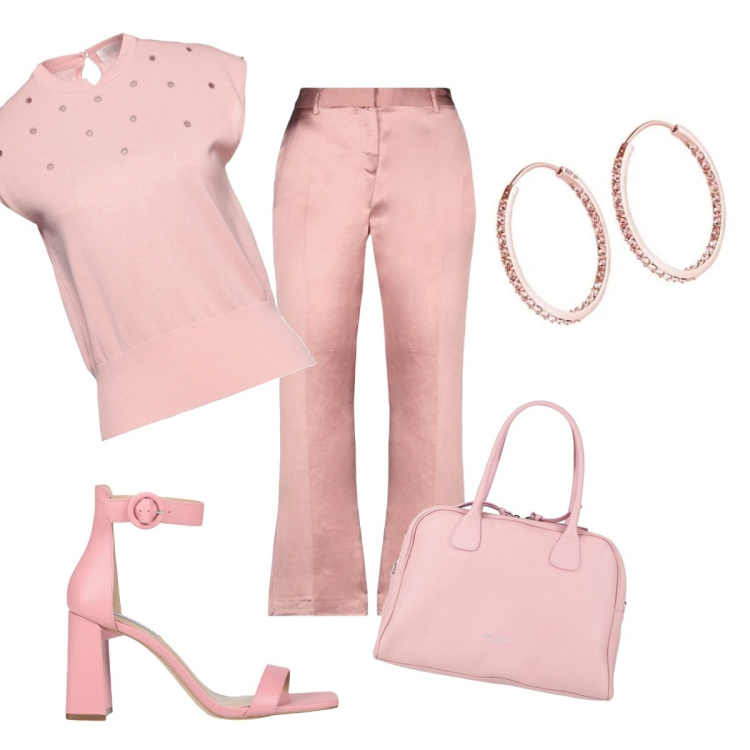 Outfit donna - Pink in uffivio. Stile Casual per Tutti i giorni. look ideale per Tall. Abbinamento con pullovers, pantaloni, borse a mano, sandali col tacco, orecchini.