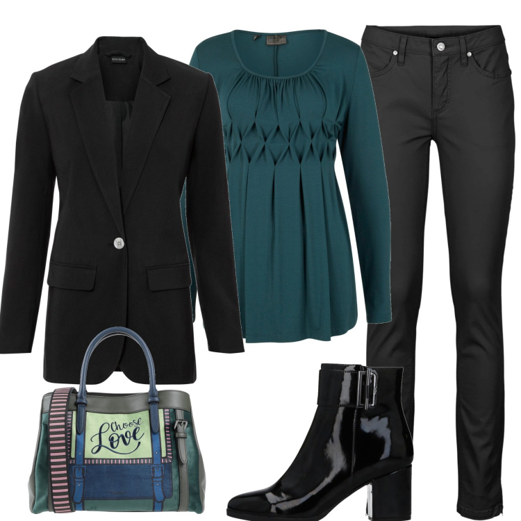 Outfit donna - Verde e nero. Stile Casual chic per Tutti i giorni. Abbinamento con jeans, maglieria, blazer, borse a mano, stivaletti.