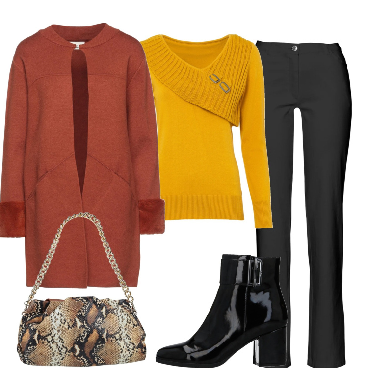 Outfit donna - Il pullover giallo. Stile Casual chic per Tutti i giorni. Abbinamento con pantaloni, maglieria, cappotti, stivaletti, borse a mano.