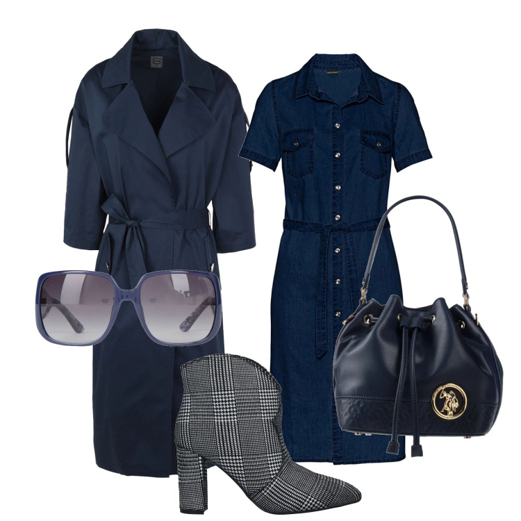 Outfit donna - Ghost outfitter - il blu in ufficio. Stile Trendy per Ufficio. Abbinamento con vestiti chemisier, stivaletti, trench, borse a mano, occhiali da sole.