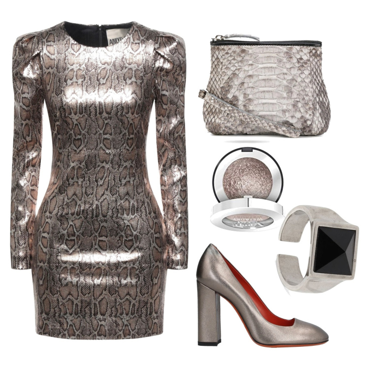 Outfit donna - Pitone effetto metallico. Stile Sexy per Serata fuori. Abbinamento con décolleté, vestiti corti, clutch, anelli, ombretti.