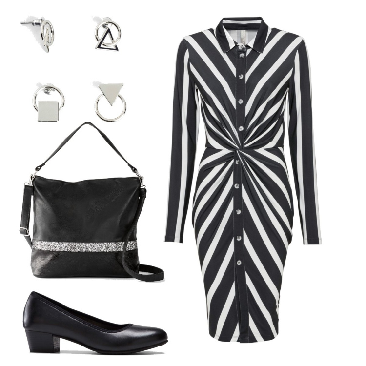 Outfit donna - Carattere forte. Stile Casual chic per Ufficio. Abbinamento con décolleté, vestiti chemisier, shopping bag, orecchini.