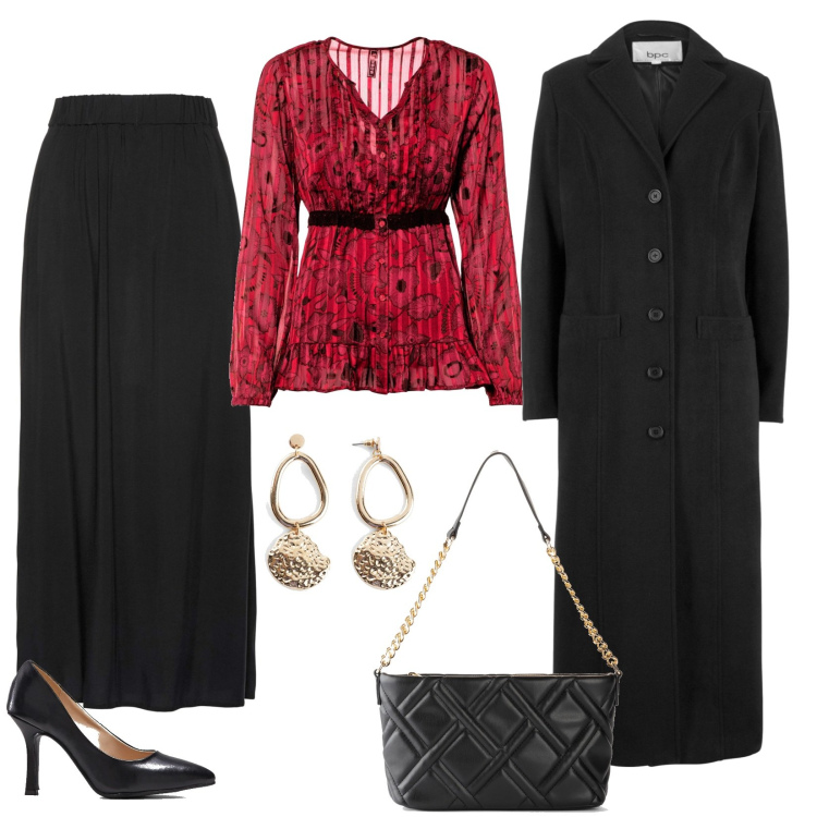 Outfit donna - Venerdì a cena fuori. Stile Chic per Serata fuori. Abbinamento con cappotti, camicie, gonne lunghe, décolleté, borse a mano, orecchini.