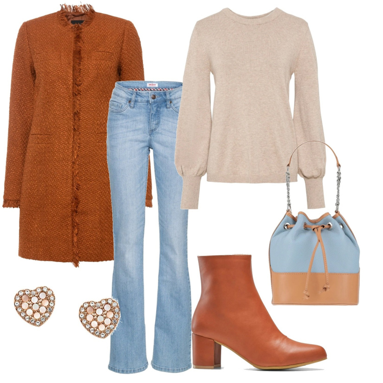 Outfit donna - In ufficio con Bonprix. Stile Romantica per Ufficio. Abbinamento con maglieria, jeans bootcut, trench, stivaletti, borse a mano, orecchini.